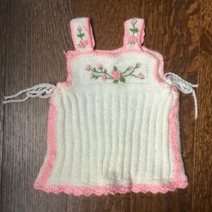 Hand Knitted Dress, 3M, White and Pink, Embroidered Flowers, NWOT